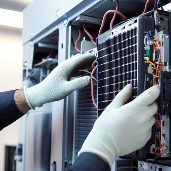 Technician repairs refrigeration equipment.